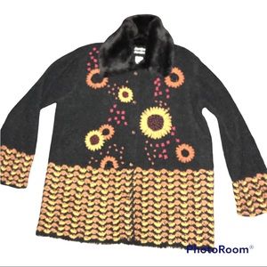 sweater jacket : sunflowers black/ yellow button up size medium
